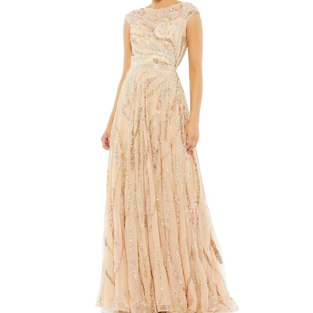 Nwt Mac Duggal 5445 Cap Sleeve Embellished Evening Gown Beige Multi Size 18